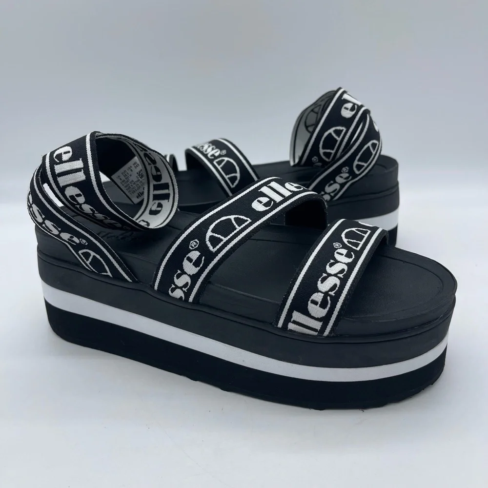Ellesse Elina Text‎ AF 6-13587 Women's Size 8 Platform Sandals Black White Shoes
